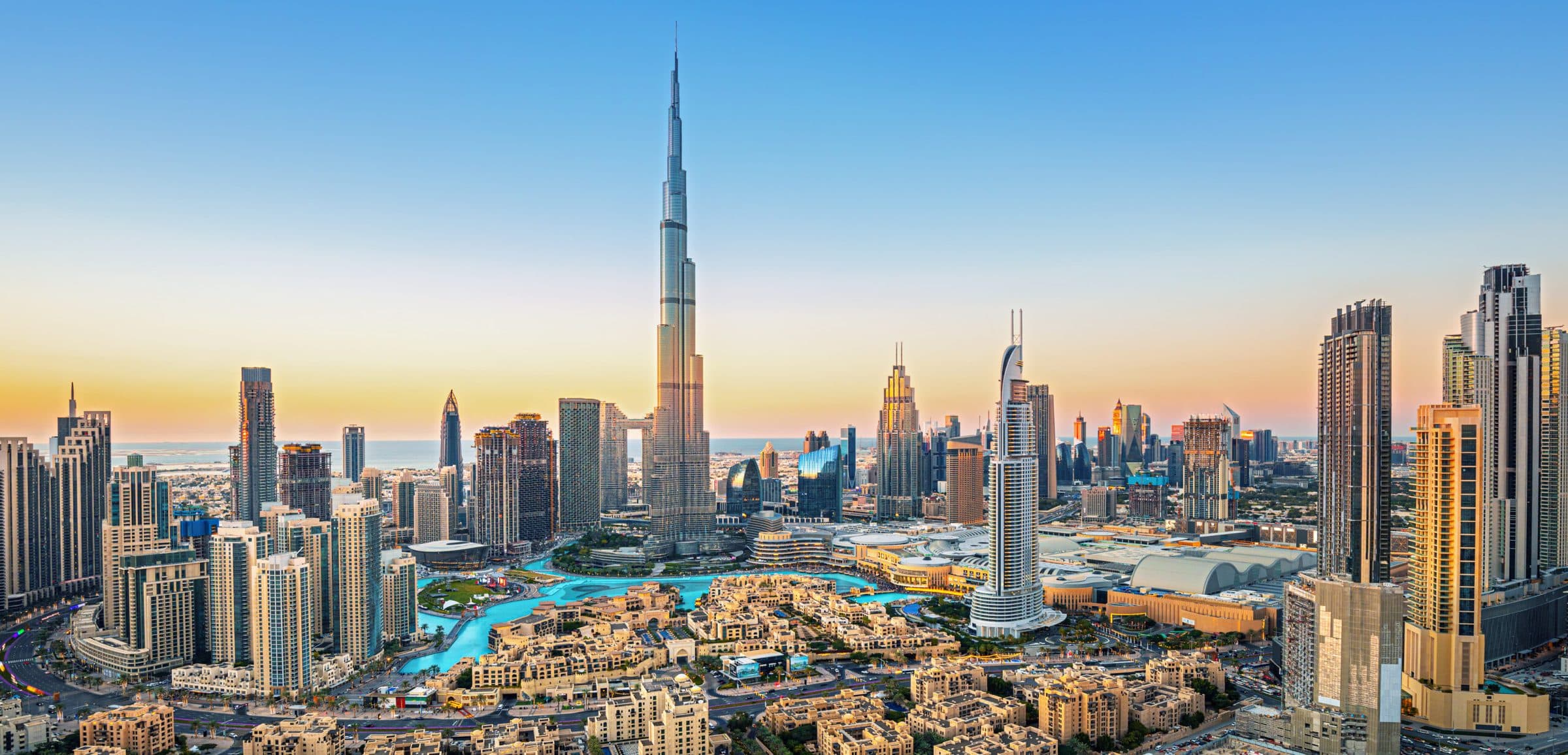 Downtown Dubai skyline at dusk.