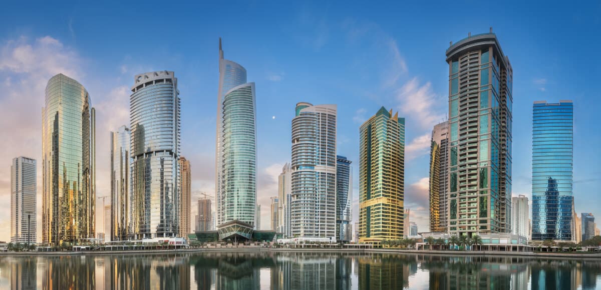 Jumeirah Lake Towers skyline across the lake