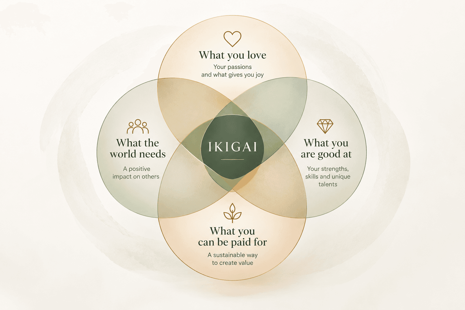 Ikigai: the overlap of what you love, what the world needs, what you are good at, and what you can be paid for