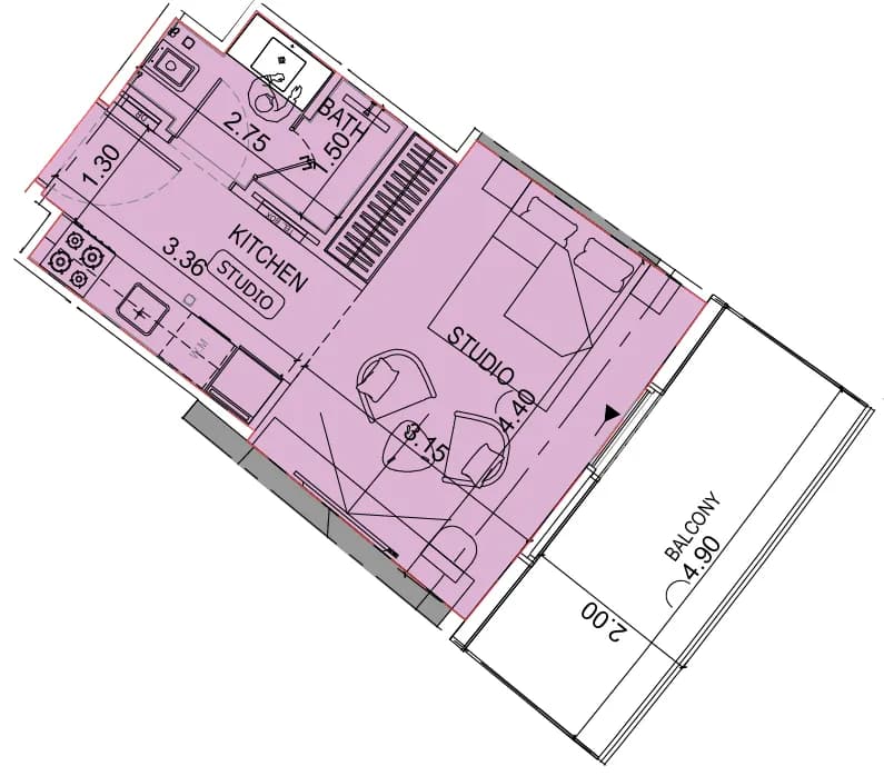 Binghatti Skyflame — Studio floor plan