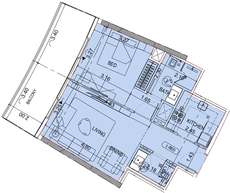 Binghatti Skyflame — 1 Bedroom floor plan