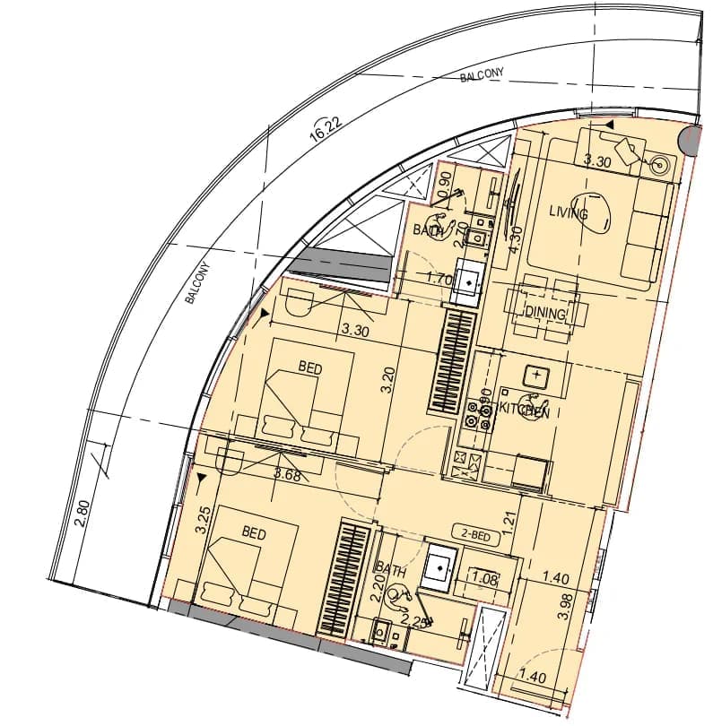 Binghatti Skyflame — 2 Bedrooms floor plan