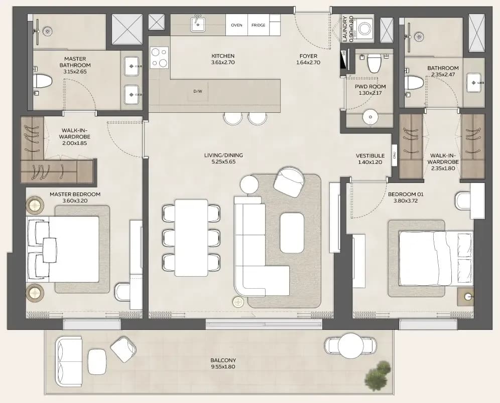 Expo Valley Views - Ghadeer — 2 Bedrooms floor plan