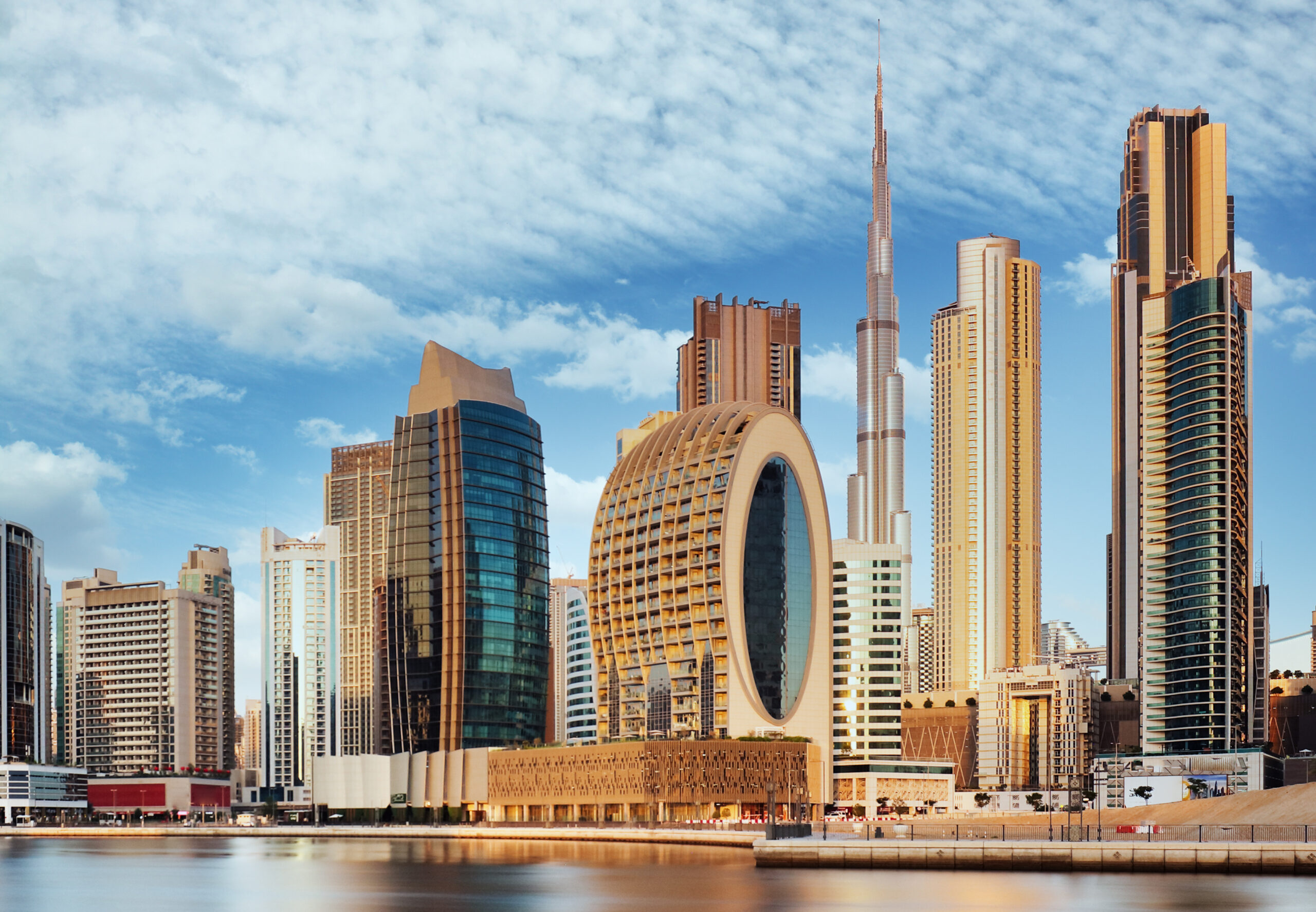Address Beach Hotel and Burj Khalifa across the Dubai Water Canal waterfront in Downtown Dubai