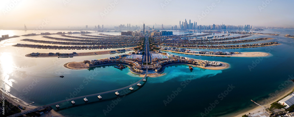 Aerial view of The Palm Jumeirah’s central trunk and villa fronds in Dubai, UAE
