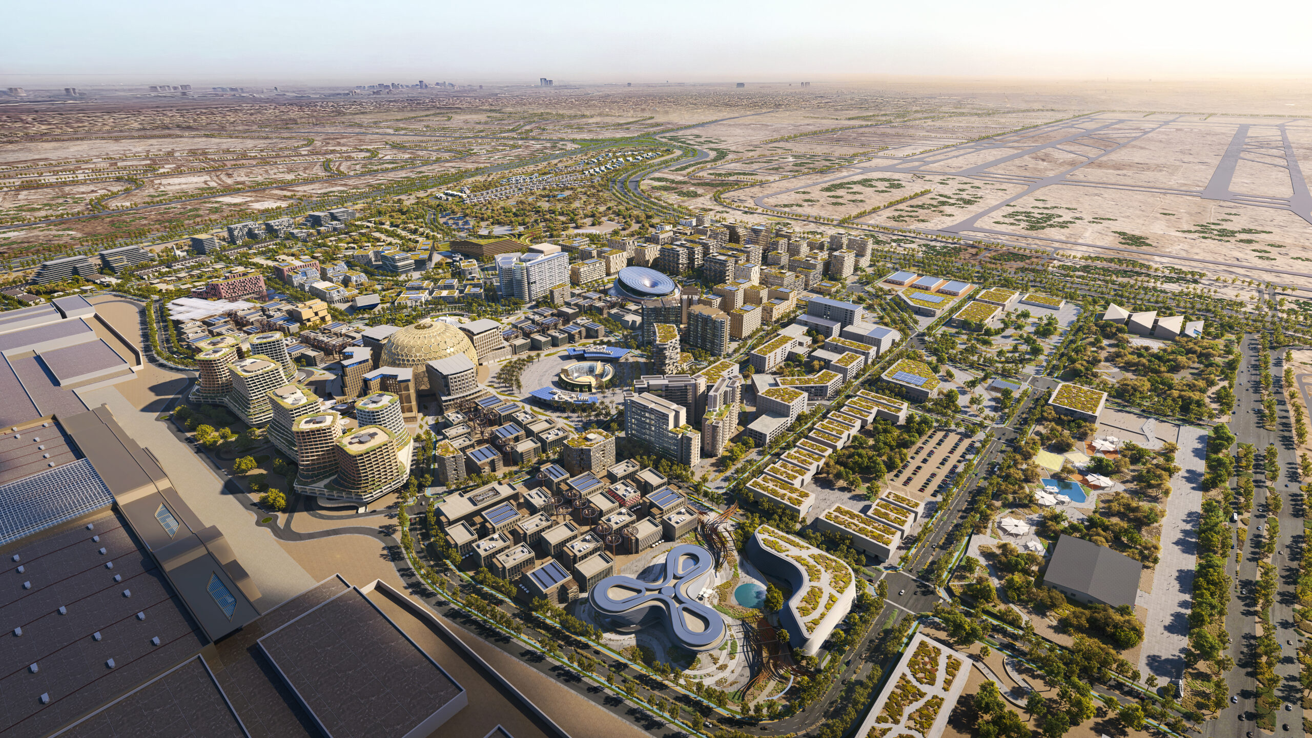 Dubai Expo City with Al Wasl Dome, pavilions, green rooftops, and desert surroundings.